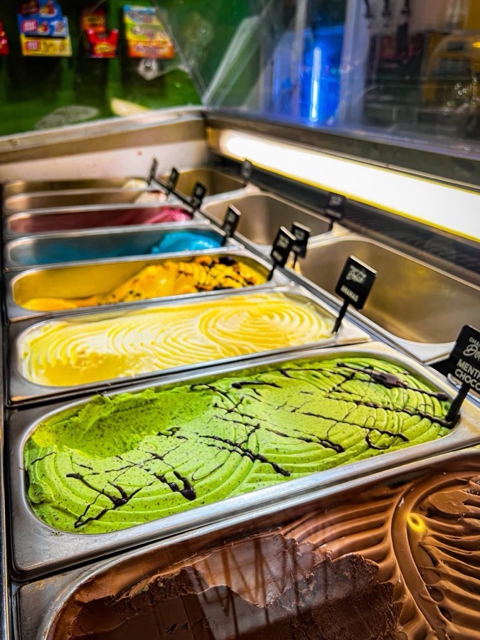 Gelato counter at Dhany's Delice — fresh TIPO tubs with mint chocolate, mango, and more